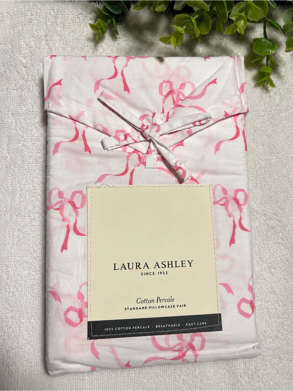 Laura Ashley Pillowcase Pair Trailing Bows Pink NWT Cotton Percale